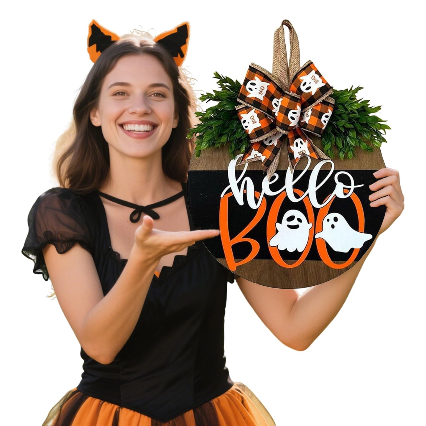 Cute Halloween Ghost Door Hanger Sign, Wooden Welcome Wreath for Front Door Farmhouse Porch Outdoor Wall Decor