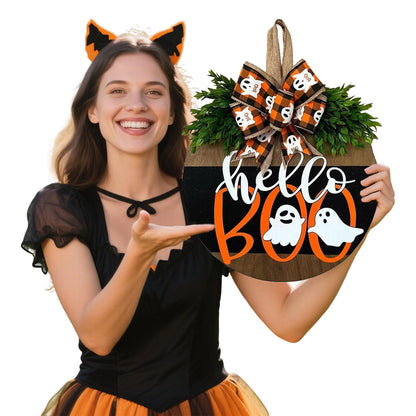 Cute Halloween Ghost Door Hanger Sign, Wooden Welcome Wreath for Front Door Farmhouse Porch Outdoor Wall Decor