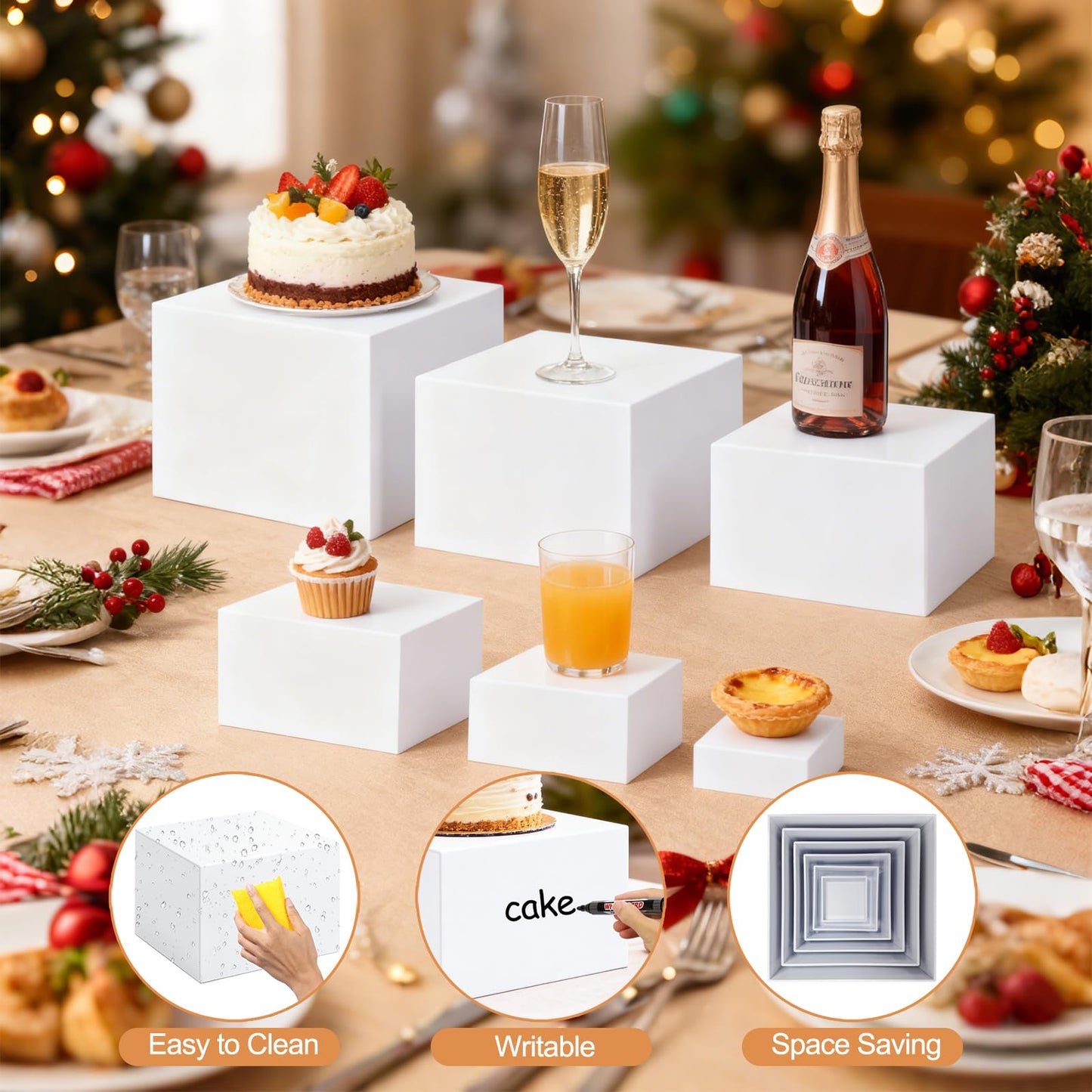 6 Pcs Buffet Risers, Acrylic Food Risers for Buffet Table, 6 Sizes (5x6x6.8x7x7.5x8 Inch) Display Stand Shelf for Party Catering Dessert Collectibles - Stackable Cube Boxes Display with Hollow Bottoms