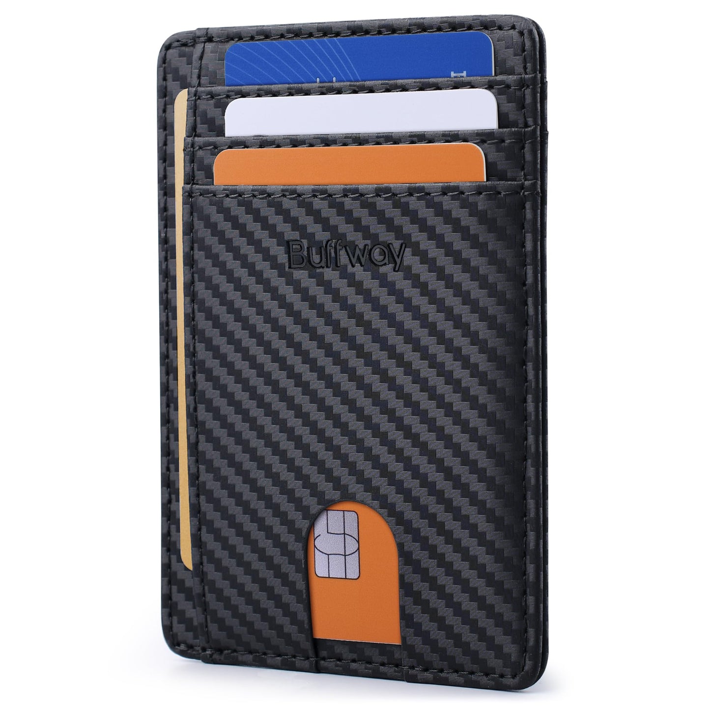 Buffway Slim Minimalist Front Pocket RFID Blocking Leather Wallets for Men and Women - Carbon Fiber Black