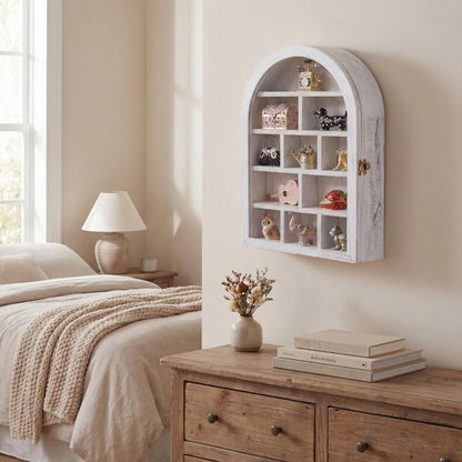 DoubleFill 10" x 15" Trinket Shelf Wooden Shadow Box Display Case with Shelves Acrylic Door Large Wall Mounted Display Shadow Box Mini Figures Curio Trinket Medals Crafts Collection(Retro White)