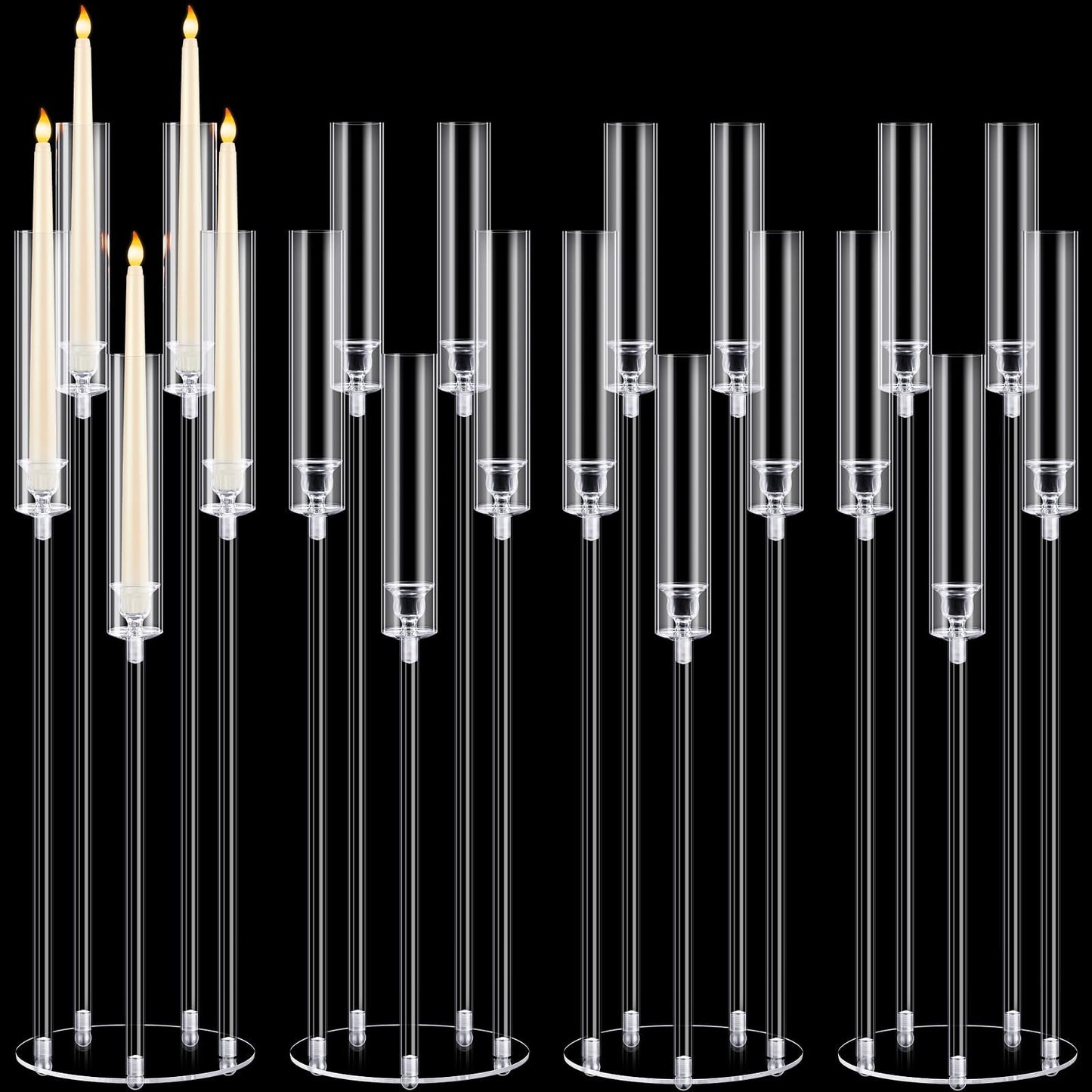 Barydat 4 Pcs Acrylic Candelabra Centerpieces Clear Taper Candle Candlestick Holder Crystal 5 Arm Candlesticks Holder with Acrylic Shade Pillar Fit 0.87" LED Candle for Wedding Dinner Party (Clear)