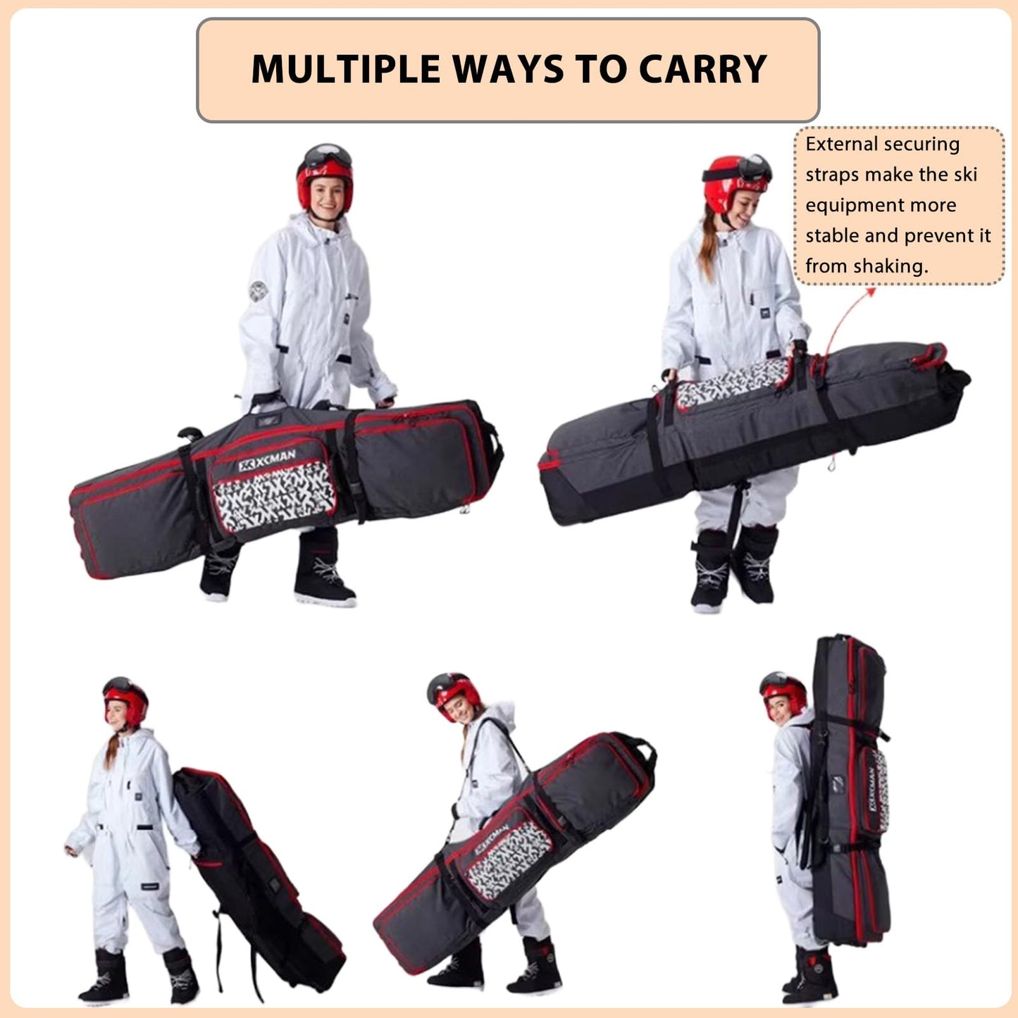 Padded Snowboard Bag with Wheels, Heavy-Duty Wheeled-Ski Travel Bag, Storage Ski Board Boots, Helmet, Jacket for Flying Air Travel, 65 Inch (Extendable to 80.7 Inch),Green
