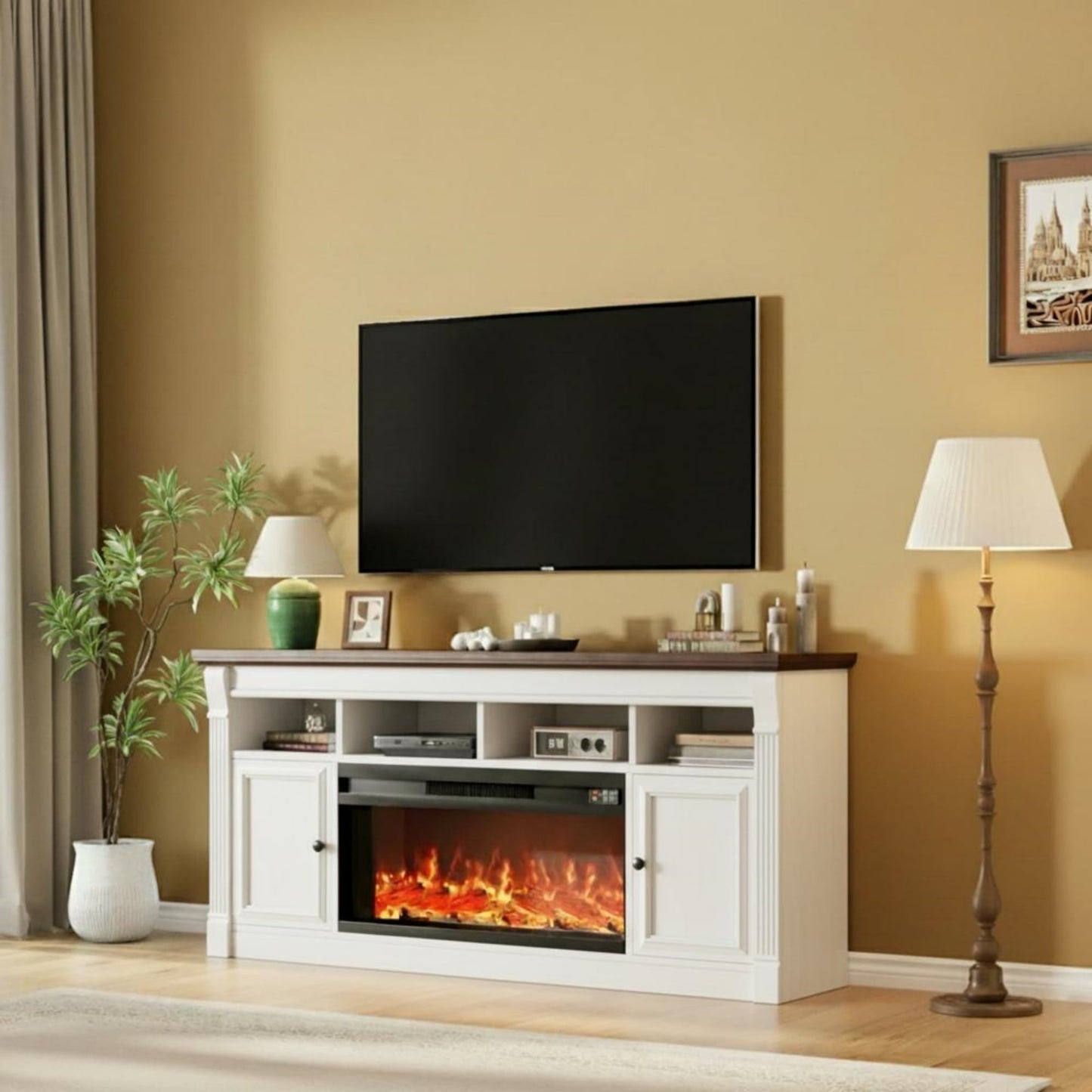 GAOMON 68 Inch Fireplace TV Stand for TVs Up to 75", Entertainment Center with 36'' Corded Electric Fireplace, Remote Controlled Realistic 3D Flame, Console Table with Storage Shelves, White+Brown