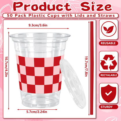 JarThenaAMCS 50Pcs Valentine's Day Plastic Cups with Lids Straws Drinking Cup 12oz Pink Red Checkered Heart Disposable Cups for Wedding Anniversary Valentine Party