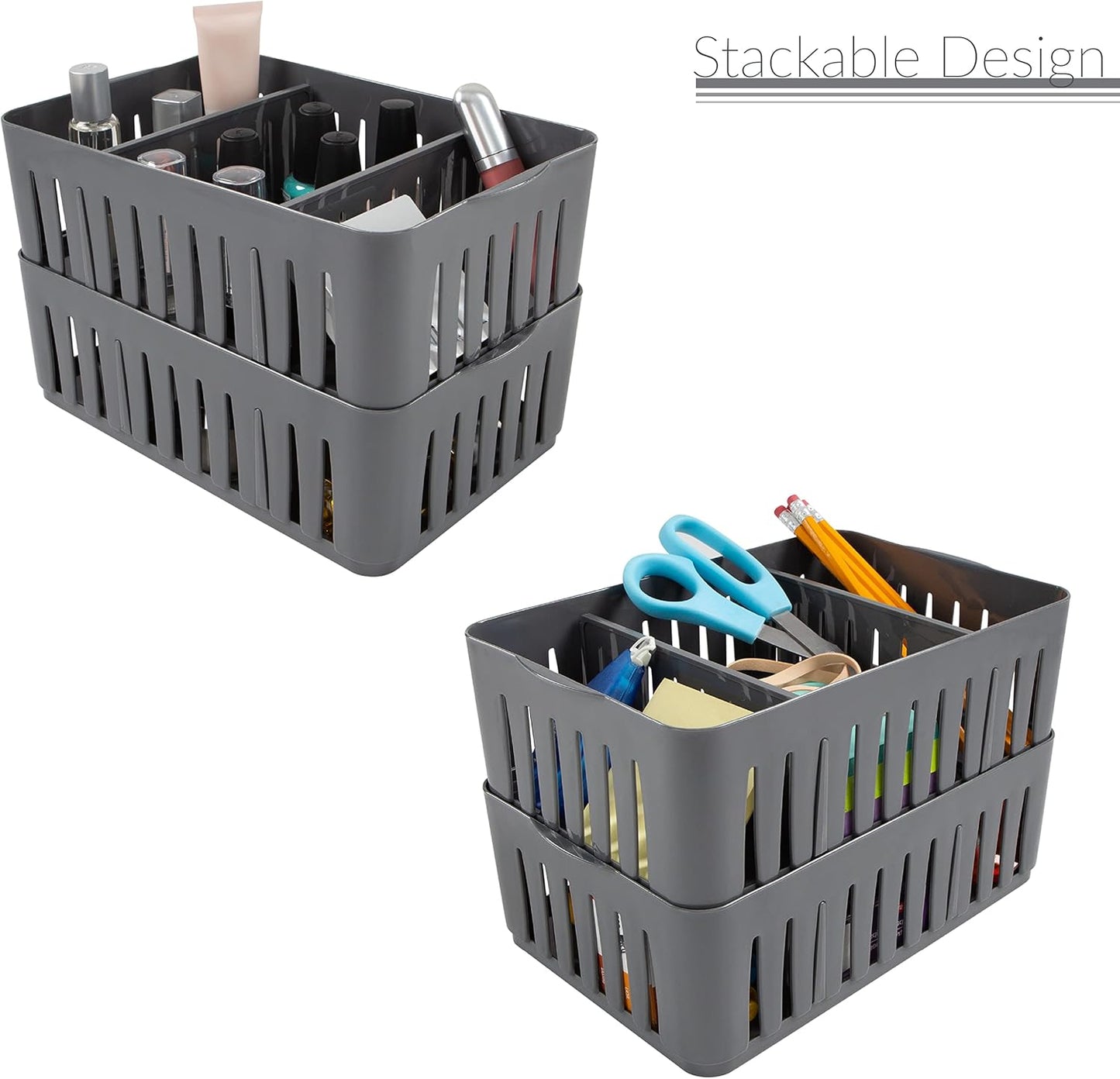 Simplify 3 Compartment Stackable Bin with Adjustable Dividers, Drawer Organizer, Storage Basket for Office, Desk