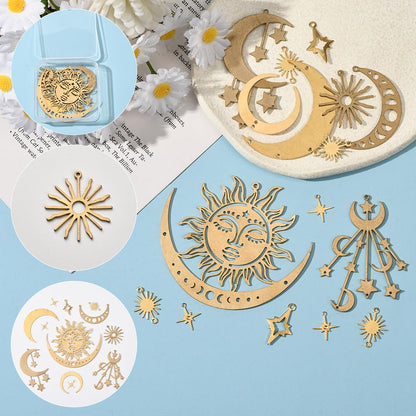 SUNNYCLUE 1 Box 19Pcs 10 Styles Filigree Star Charms Flat Connector Link Charms Brass Gold Hollow Sun Moon Retro Vintage Joiners Links Pendants Findings for Jewelry Making Necklace Bracelet DIY Craft