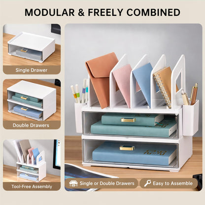 CiWiVOKi White Desk Organizer with 4 File Holder Slots, 2 Clear Drawers & Dual Pen Holders, Sturdy Multi-Functional Desktop Storage for Home Office, Mail Sorter & Caddy