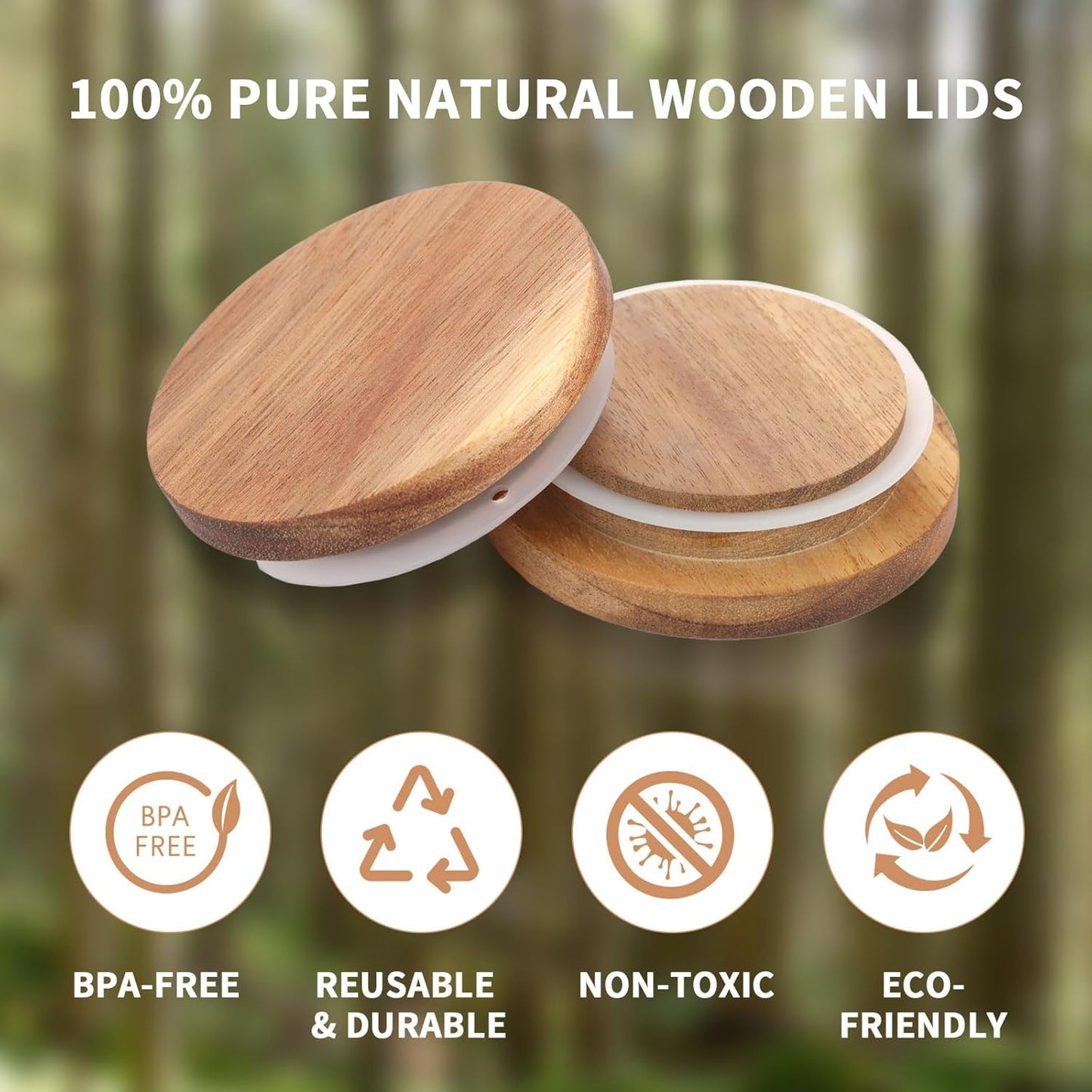 12 Pack 5 Oz Oui Yogurt Jar Lids | Natural Wooden Lids for Oui Yogurt Jars with Silicone Sealing Rings | Lids Only |