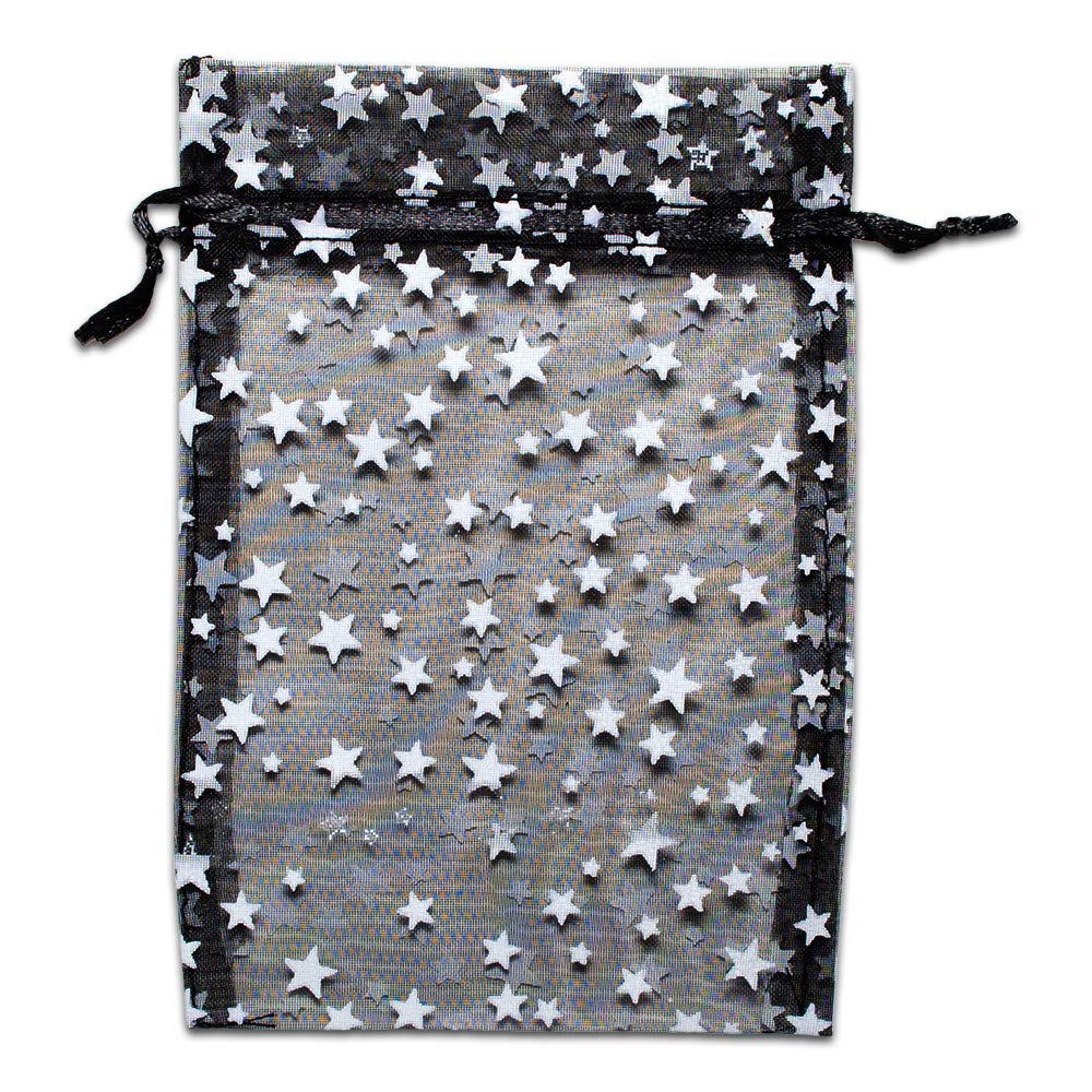100-Pack 4x6 Sheer Organza Drawstring Gift Bags (Medium) - Metallic Stars (Black/White) - Wedding Party Favors, Jewelry, Candy, Treats Mesh Pouch by The Display Guys