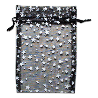 100-Pack 4x6 Sheer Organza Drawstring Gift Bags (Medium) - Metallic Stars (Black/White) - Wedding Party Favors, Jewelry, Candy, Treats Mesh Pouch by The Display Guys