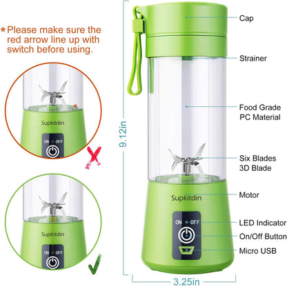 Portable, Personal Mixer Rechargeable with USB, Mini Blender for Smoothie, Fruit Juice, Milk Shakes, 380ml, Six 3D Blades for, 9.12x3.25x3.25 inch, Green