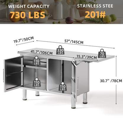 JFHID Stainless Steel Work Table, 57"x19.7" Commercial Worktable Kitchen Cabinets with Extend Panel & Adjustable Shelf, Heavy-Duty Kitchen Prep Table Workbench for Home, Restaurant, Garage and Hotel