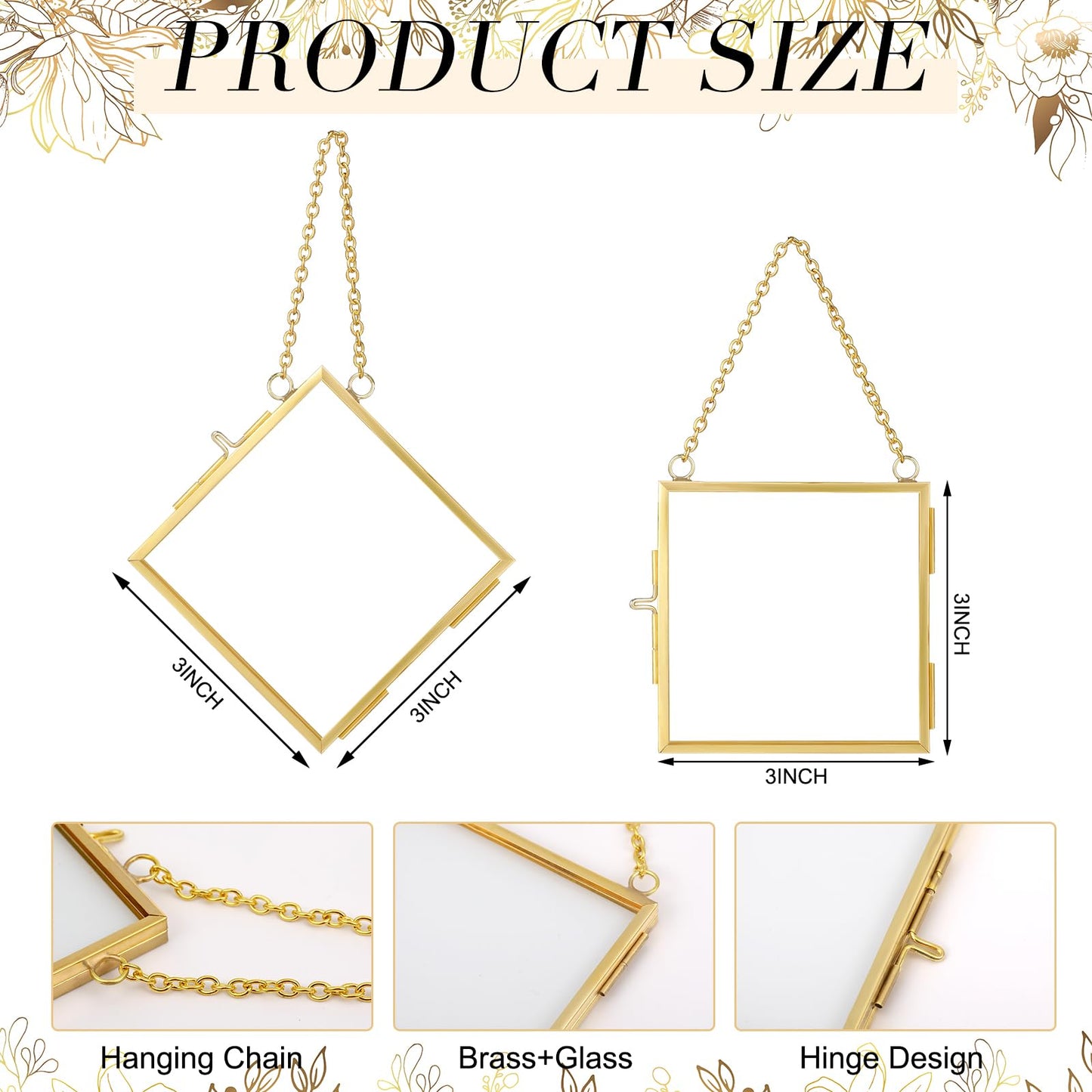 DoubleFill 12 Pcs Hanging Clear Photo Frame Double Glass for Pressed Flower Floating Frame with Chain Display Gallery Artwork Horizontal Vertical Gold Metal Rectangle Wall Decor(3 x 3 Inch)