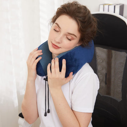 Travel Pillow - Best Memory Foam Neck Support for Sleeping, Airplane, Car & Home Use (Dark Blue)