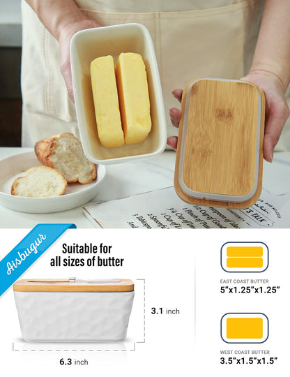 Butter Dish with Lid: Large Butter Dish for Countertop - Ceramic Butter Container with Knife Double Silicone Seal - Unique Stone Butter Dishes with Covers for Farmhouse Kitchen Decor Home Decor White