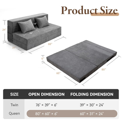 HOMFINE Folding Sofa Bed - Convertible Sleeper Chair with Pillow, Fold Out Couch, Memory Foam Floor Mattress, Futon Couch, Lazy Sofa for Living Room/Dorm/Guest Room/Home Office, Grey, Queen Size
