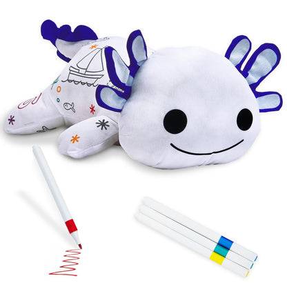KB Mlotek Axolotl Coloring Plush Toy - Washable Doodle Stuffed Animal with Traceable Numbers & Letters - Color Me Plush Includes 4 Markers - Educational Reusable Draw on Stuffed Animal Doodle Doll