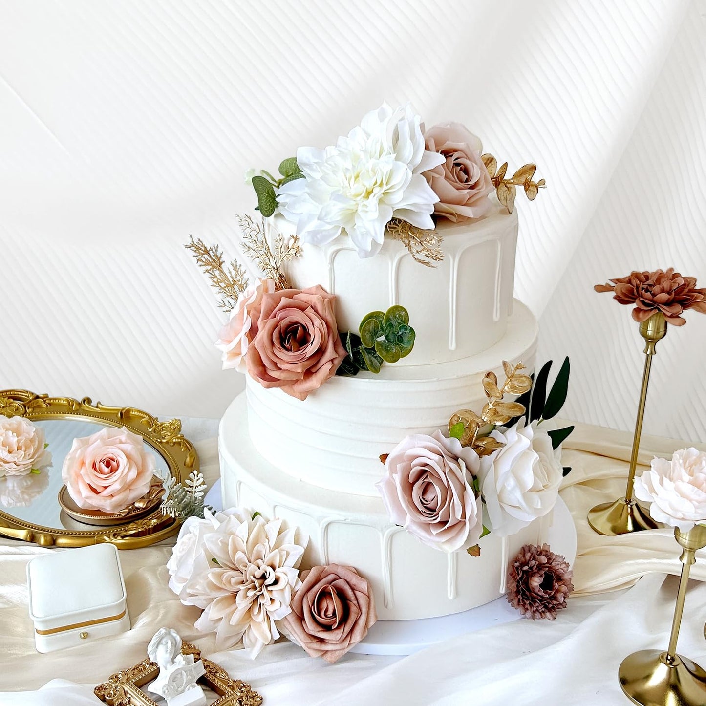 Artificial Flowers Combo Box Set Terracotta Silk Roses Dahlia with Stems DIY Bridal Wedding Bouquets Cake Gold Boho Nude Beige Fake Floral Arrangements Baby Shower Party Table Centerpieces Home Decor