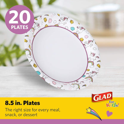 Glad for Kids Unicorn Theme Disposable Paper Plates, Heavy-Duty Soak-Proof Round Plates for Kids Birthdays, Parties, and Everyday Meals, Microwave Safe, 8.5 Inch, 20 Count - 3 Pack