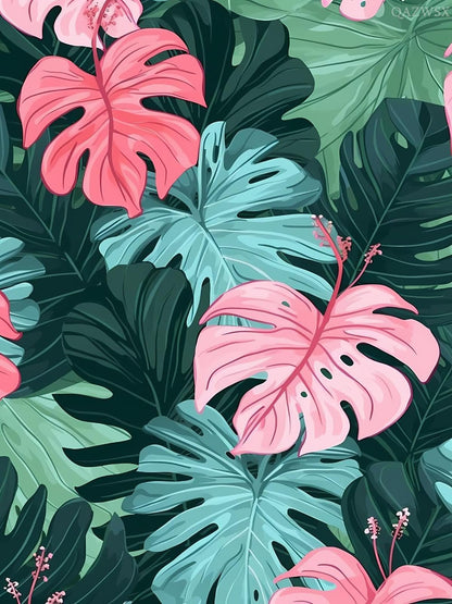 QAZWSX Diamond Painting Kits Art Tropical Leaves on Pink Diamond Art Kits for Adults, Plants Painting Crafts Home Wall Decor DIY 5D Gem Art Perfect for Relaxation 12x16 inch