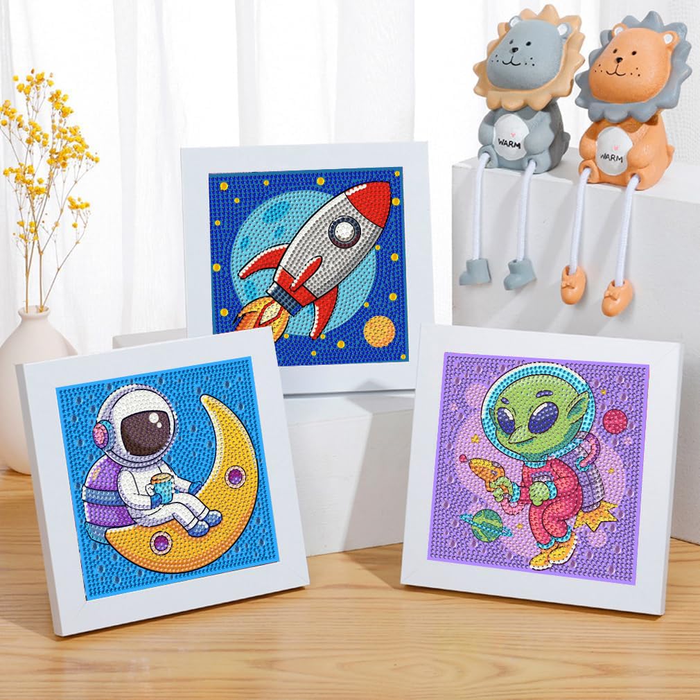 MXCFZX 6 Pack 5D Space Astronaut Diamond Painting Kits for Kids Beginners,Cute Alien/Spaceship DIY Diamond Art Kit for Kids,Easy Full Round Drill Big Gem Art for Kid,Home Wall Decoration 6X6 inch