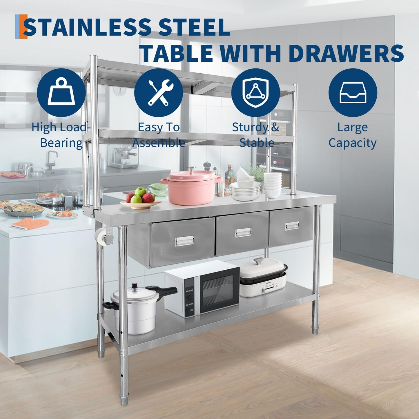 60" X 24" Stainless Steel Table with Drawers, NSF Work Table with Shelves & Paper Towel Holder, Metal Table Prep Table for Commercial Kitchen Restaurant Garage Warehouse