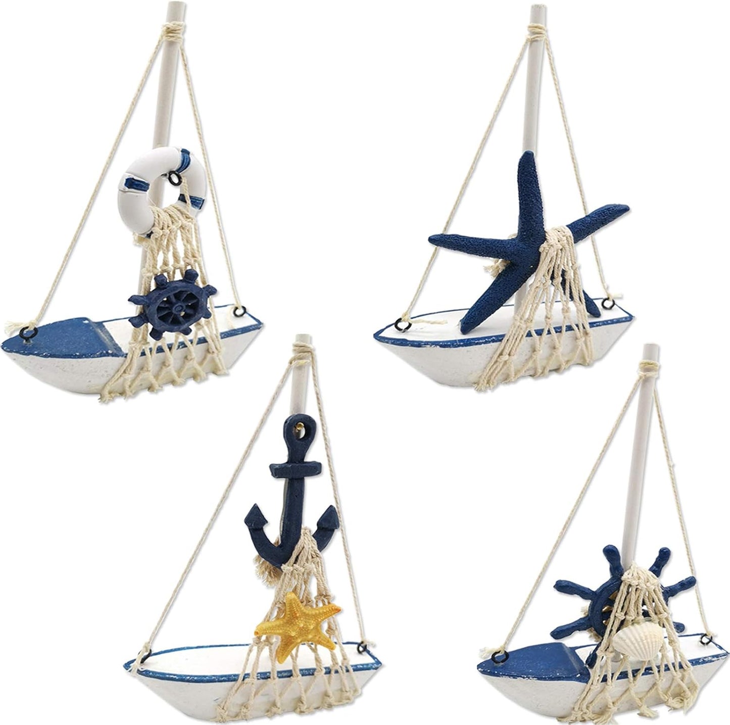 4PCS Sailboat Set, 4.4 6.8 Inch TIHOOD Mini Model Decoration Wooden Miniature Sailing Boat Home Decor Beach Nautical