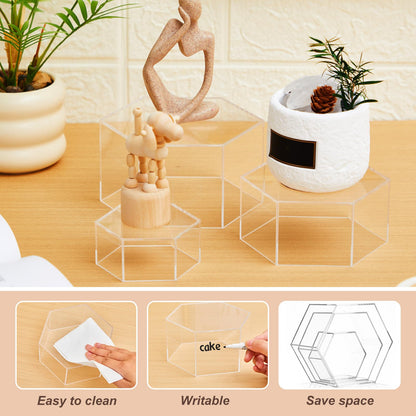 Jerify 6 Pcs Acrylic Risers Display Stands, 5.91'' 5.12'' 3.54'', Clear Hexagon Nesting Pedestal Shelf with Hollow Bottom for Tabletop Jewelry Display, 3 Sized