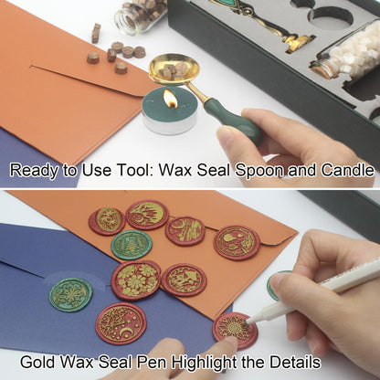 Letter Wax Seal Stamp Kit, Andotopee Wax Seal Kit Initial Alphabet V Sealing Wax Stamp Head 3pcs, Vintage Wax Stamp Seal Kit with Wax Seal Beads, Wax Seal Warmer Tools, Wax Seal Pen, Gift Box Set