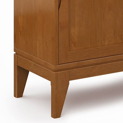 SIMPLIHOME Harper Storage Cabinet - 30 inch Wide Solid Hardwood 2-Shelf Low Console Cabinet in Teak Brown, Mid-Century Modern Cupboard for Living Room with Sliding Doors and Adjustable Shelves
