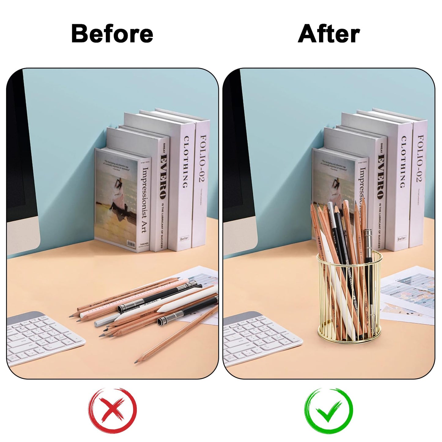 Yopay 4 Pack Gold Pencil Holder, Metal Pen Cup Makeup Brush Holder for Desk, Round Wire Mesh Desktop Organizer for Office School Home Vanity, Aesthetic Cylindrical Storage Organizer for Art Supplies