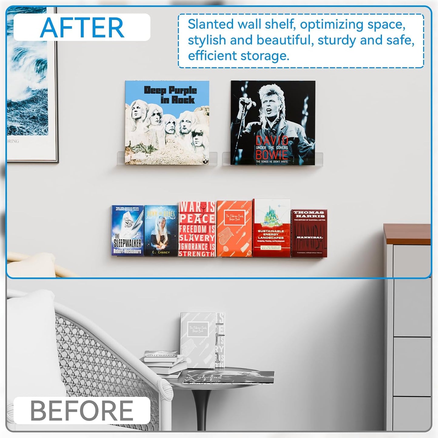 15" Storage,Pack 2 Cq acrylic Clear Floating Bookshelf for Kids Room - Invisible Hanging Wall Mounted U Shaped Shelf