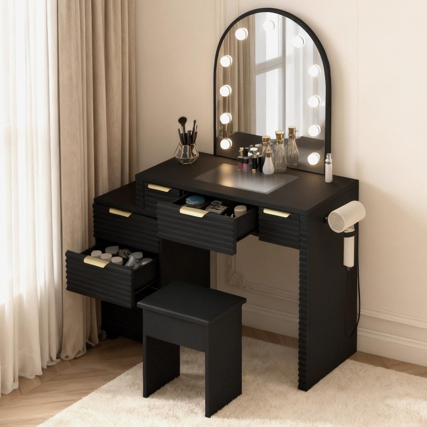 AraSyleon Makeup Vanity Desk with Mirror Lights Black, Glass Tabletop 3 Lighting Modes Adjustable Vanity Table Modern Makeup Desk with Chair Power Outlet and 6 Drawers for Bedroom