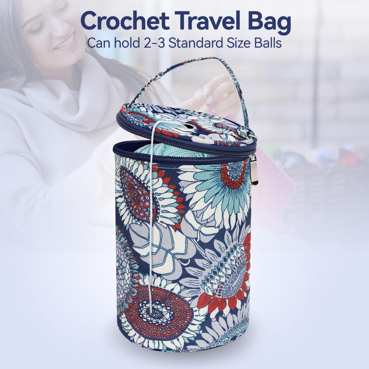 Small Portable Yarn Holder with Anti-Tangle Design, 2-3 Standard Size Balls,Yarn Storage Bag for Crocheting On The Go, Ideal Crocheting Gifts for Women and Crocheter (Blue)