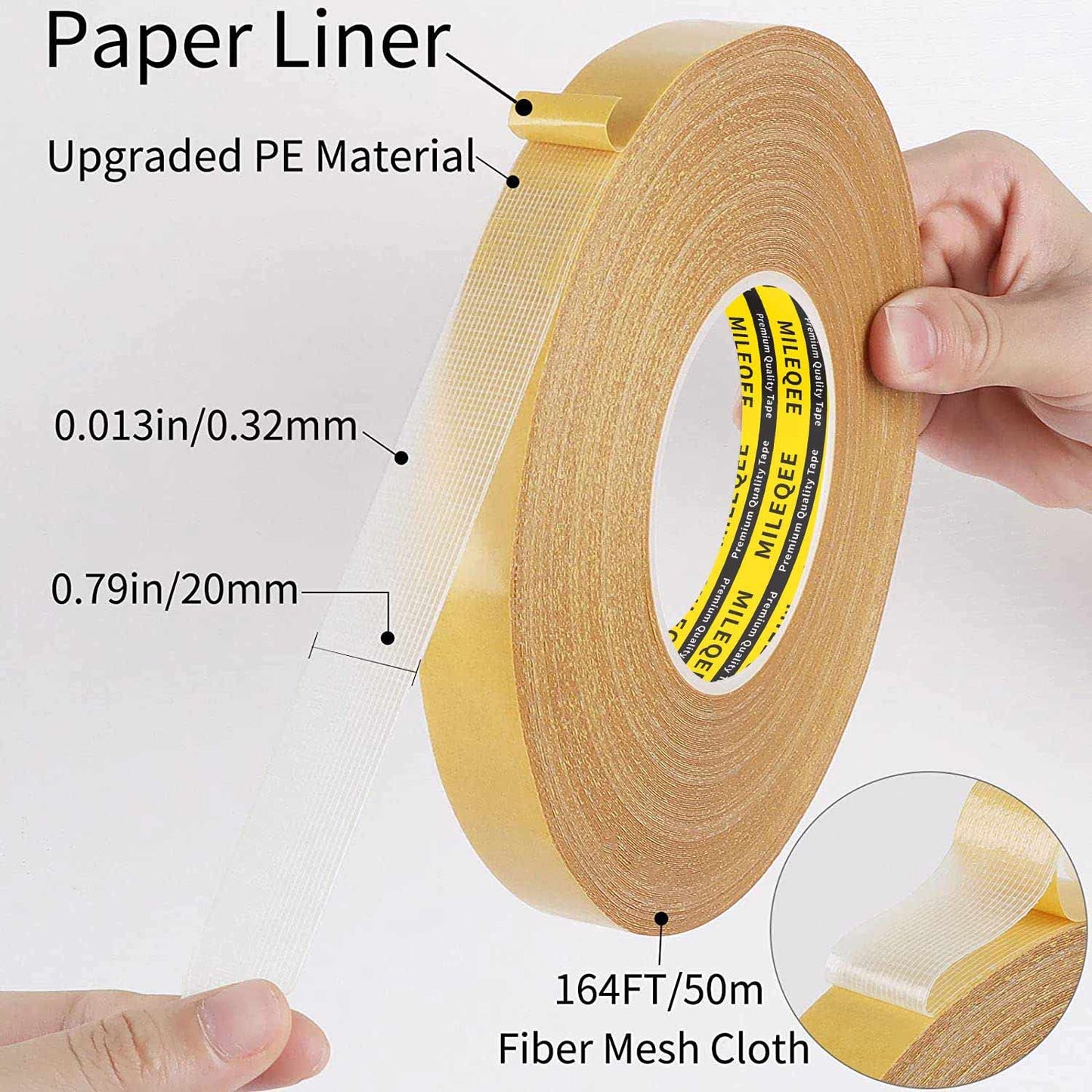 MILEQEE Double Sided Fabric Tape Heavy Duty, 0.79" x 164FT Extra Large High Tack Sticky Cloth Mounting Tape, Strong 2 Sided Wall Adhesive Strips for Arts Crafts, Carpets, Rugs, Multipurpose, Easy Use