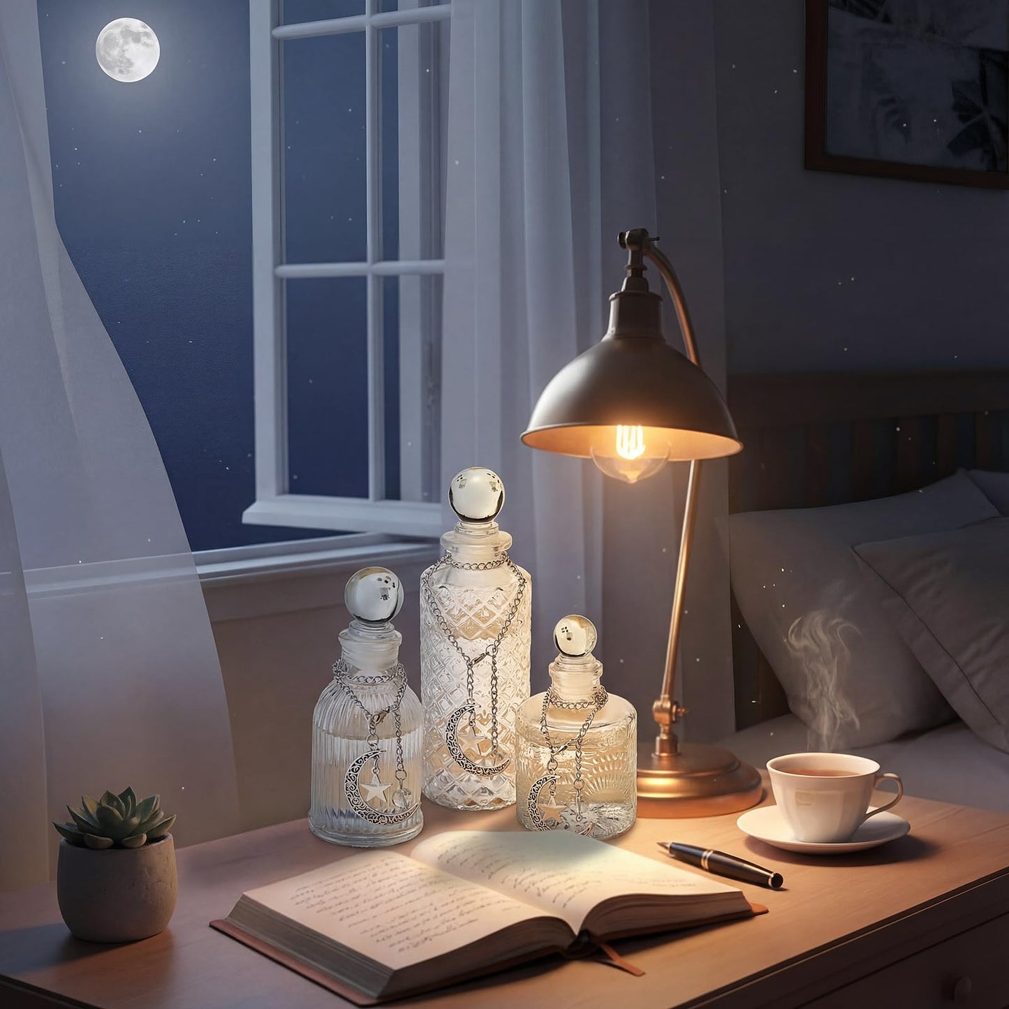 Potchen 3 Pcs Moon Energy Glass Bottle with 3 Lunar Star Spiritual Moonlight Water Jar Chain Charging Container with Lid for Infusing Intentions Crystal Cleansing Meditation Witchcraft Home Decor