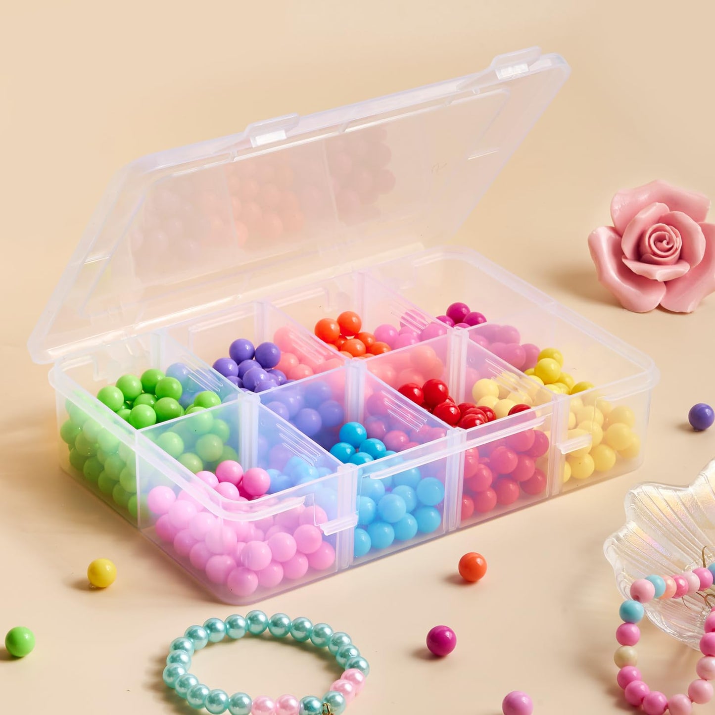Mauproy 4 Pack 8 Grids Bead Organizer and Storage, Clear Plastic Storage Containers with Removable Dividers and Labels Small Tackle Box Organizer for Jewelry Crafts Electronics Small Parts