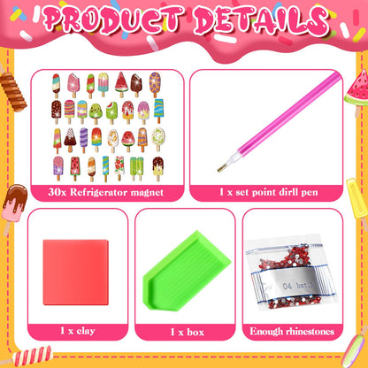 Remuuly 30 Pcs Ice Cream Diamond Painting Magnets Summer Diamond Art Magnet Kits for Adults Ice Cream 5D Rhinestones Refrigerator Magnetic Stickers for Beginner DIY Crafts Fridge Summer Gifts