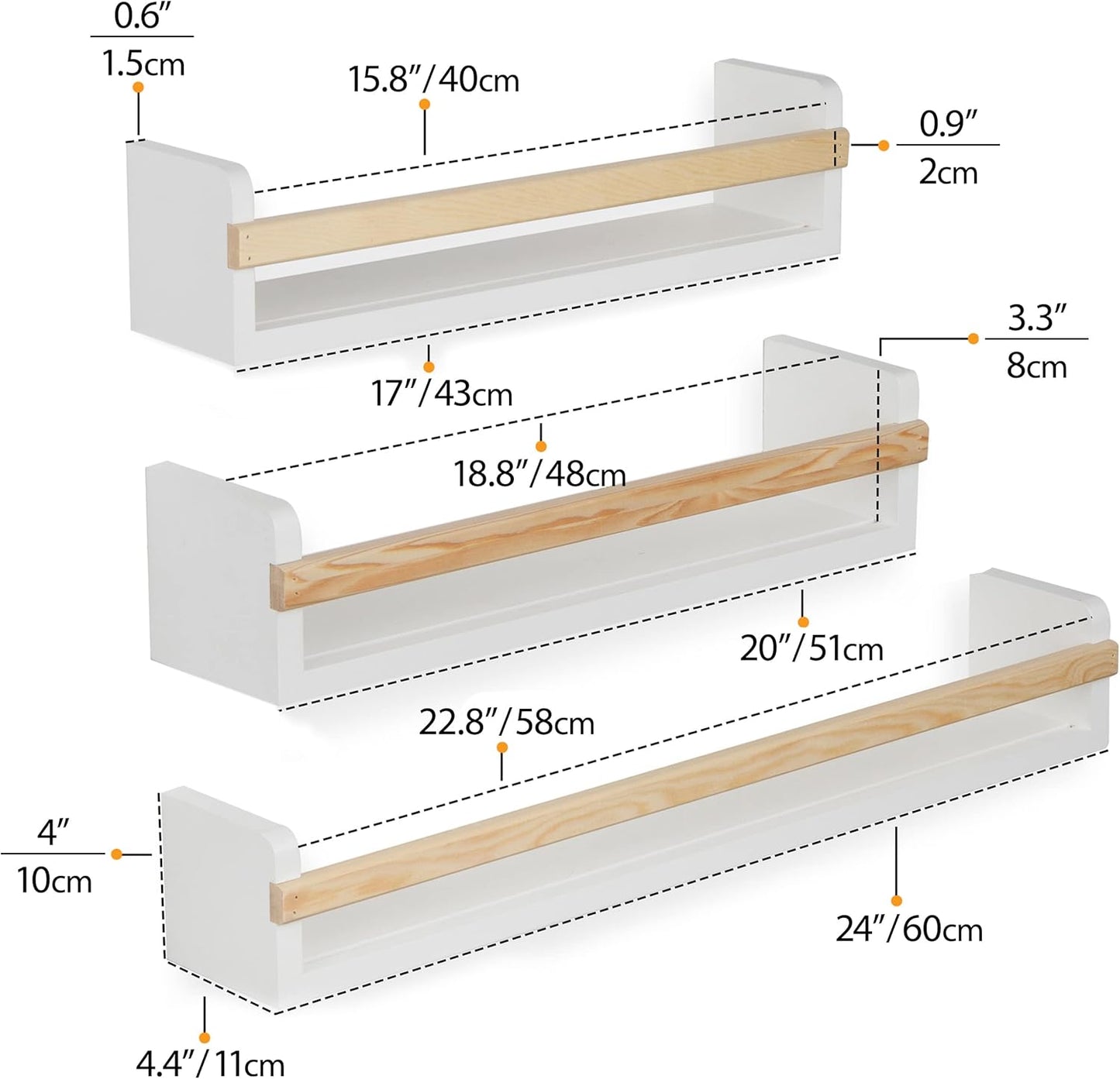 Set 3, Wallniture Utah Wall Mount Nursery Dcor Kids Bookshelf Floating Wall Shelves Book Photo Display Long Varying