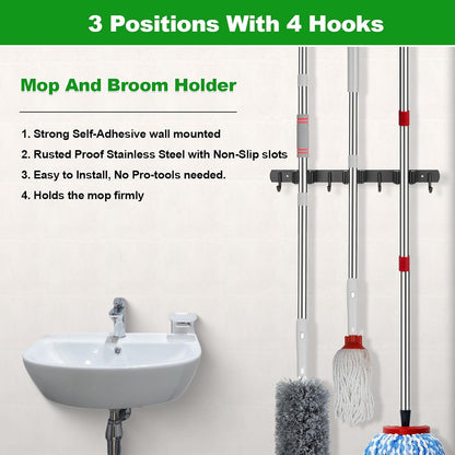 Voze Mop and Broom Holder - 3 Racks & 4 Hooks | Heavy-Duty Wall Mount Organizer for Home & Garage