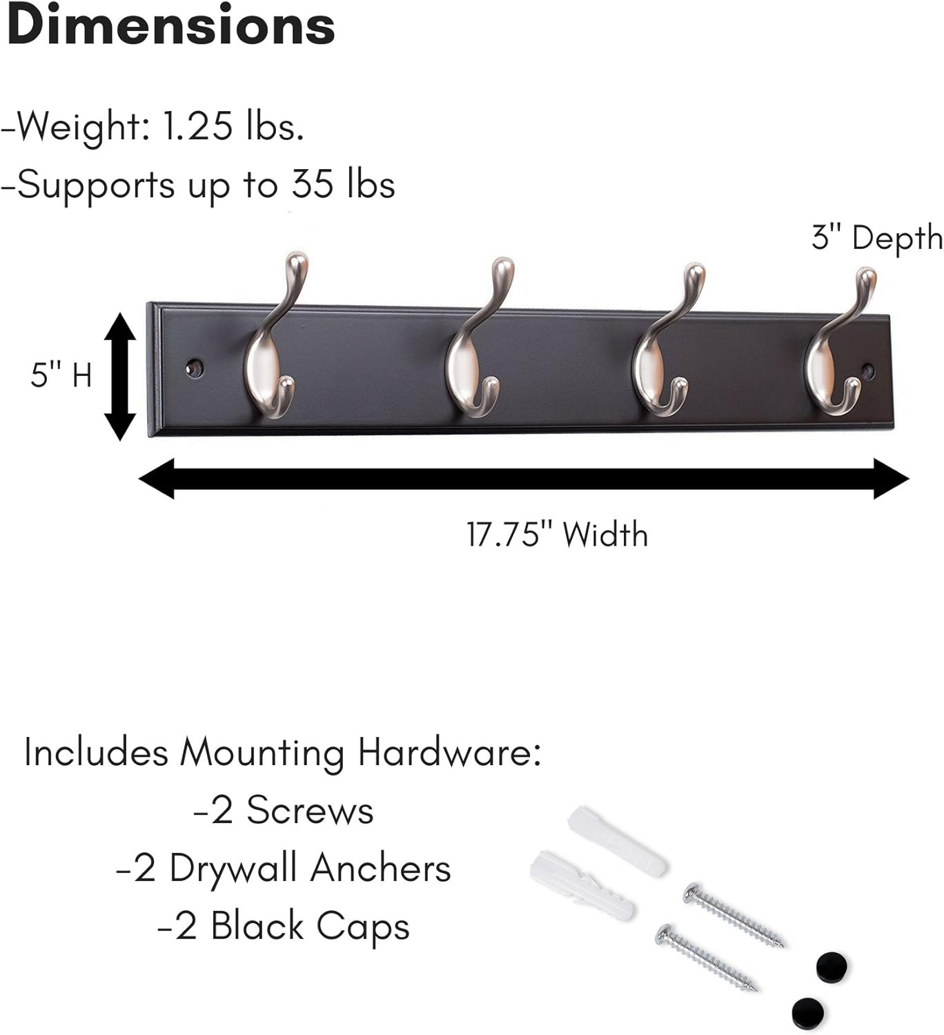 BIRDROCK HOME Oval Hook Coat and Hat Rack, 4 Hooks, Wall Mount, Black Finish