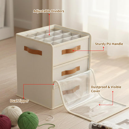 Temlum Yarn Storage Organizer with 3 Stackable Trays, Large Yarn Storage Container with Adjustable Dividers Crochet Storage for Yarns, Crochet Hooks, Knitting Needles, Crochet Accessories