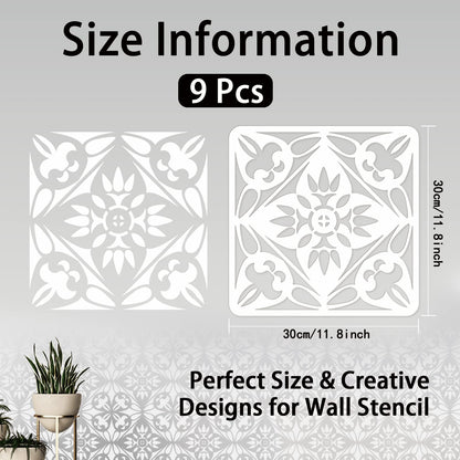 INFUNLY 9PCS/Set Mandala Flowers Wall Stencils for Painting 12x12 Mexican Tile Stencil Art Flower Concrete Floor Stencils Reusable Drawing Template for Painting Wood Canvas Furniture Patio Home Decor