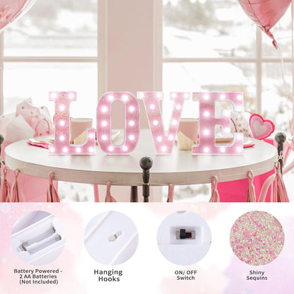 EUFONY Pink Glitter Marquee Light Up Letters, Battery Operated LED Letter Lights Signs for Pink Birthday Party Table Decorations, Wall Decor for Girls Bedroom, Initial Letter O with Cool White Lights