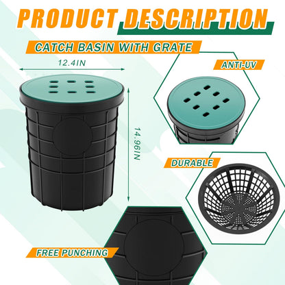 Kritkin Catch Basin with Grate 14.9 x 12.4 Inch Round Large Catch Basin for Drainage with Debris Basket French Drain Without Reserved Hole for Yard, Downspout, Lawn, Municipal Pipeline