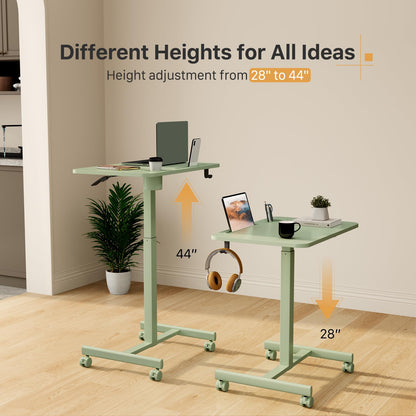 Liftsync Mobile Standing Desk, 28 inch Rolling Laptop Cart Adjustable Height with Cup Holder, Portable Table with 4 Lockable Wheels, Green Computer Workstation with Hook and Slots for Home Office
