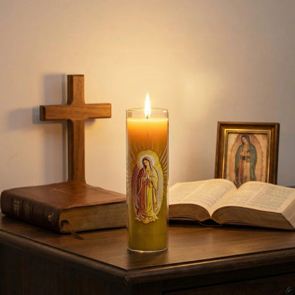 Virgen de Guadalupe Glass Beeswax Pillar Candle, 80-Hour Long Burning Smokeless Dripless Emergency Candle for Church, Prayer & Meditation, Christian Gifts for Women (Yellow, White)