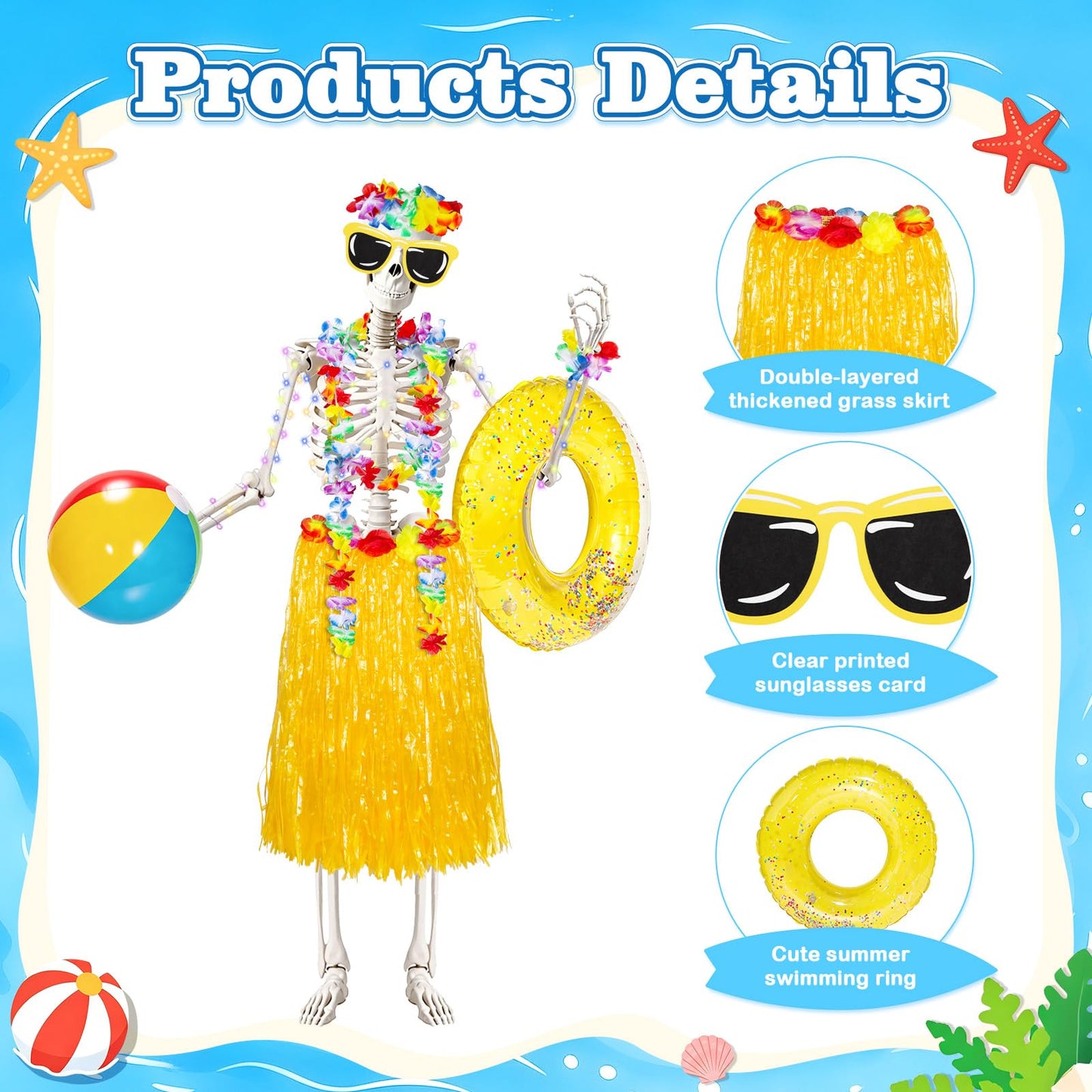 12 ft Summer Skeleton Outfits Accessories, 10 Pcs Hawaiian Hula Giant Skull Grass Skirt Costume Clothing Kit with Sunglasses Swim Rings & Beach Balls for Outdoor Yard Lawn Summerween Luau Decorations
