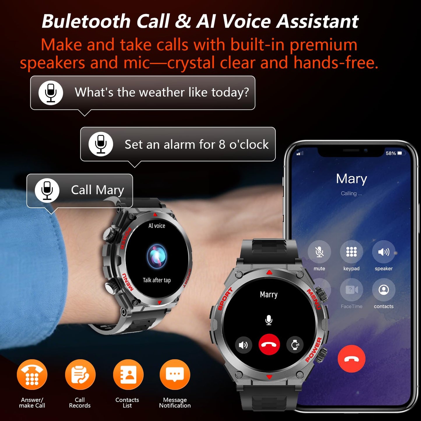 Military Smart Watch for Men With AI Q&A (Answer/Make Call/SMS Reply), 1.52" HD Smartwatch for Android Phones/iPhone, 100+ Sport Mode Fitness Tracker with HR, SpO2, Sleep Monitor, IP68 Waterproof